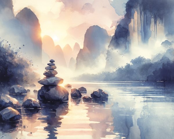 Watercolor Landscape with Zen Cairn Stones and Sunset