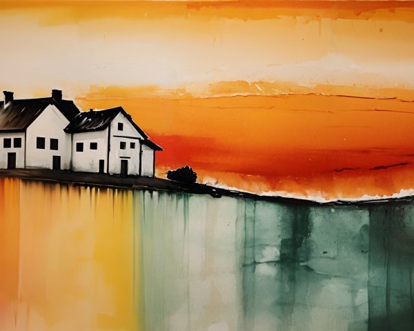 Serene Landscape with Houses and Vibrant Sunset