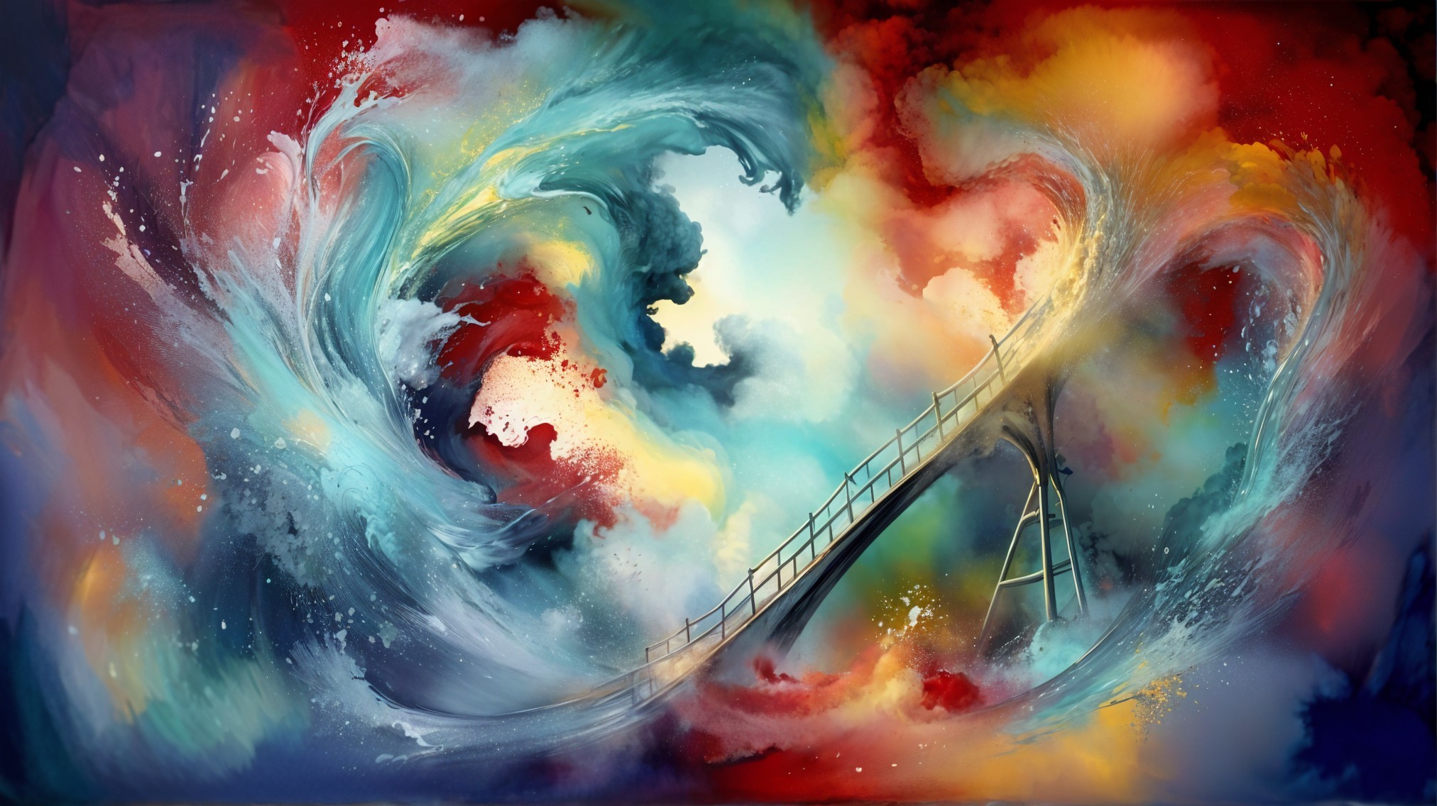 Abstract Scene of Colorful Waves and Submerged Bridge