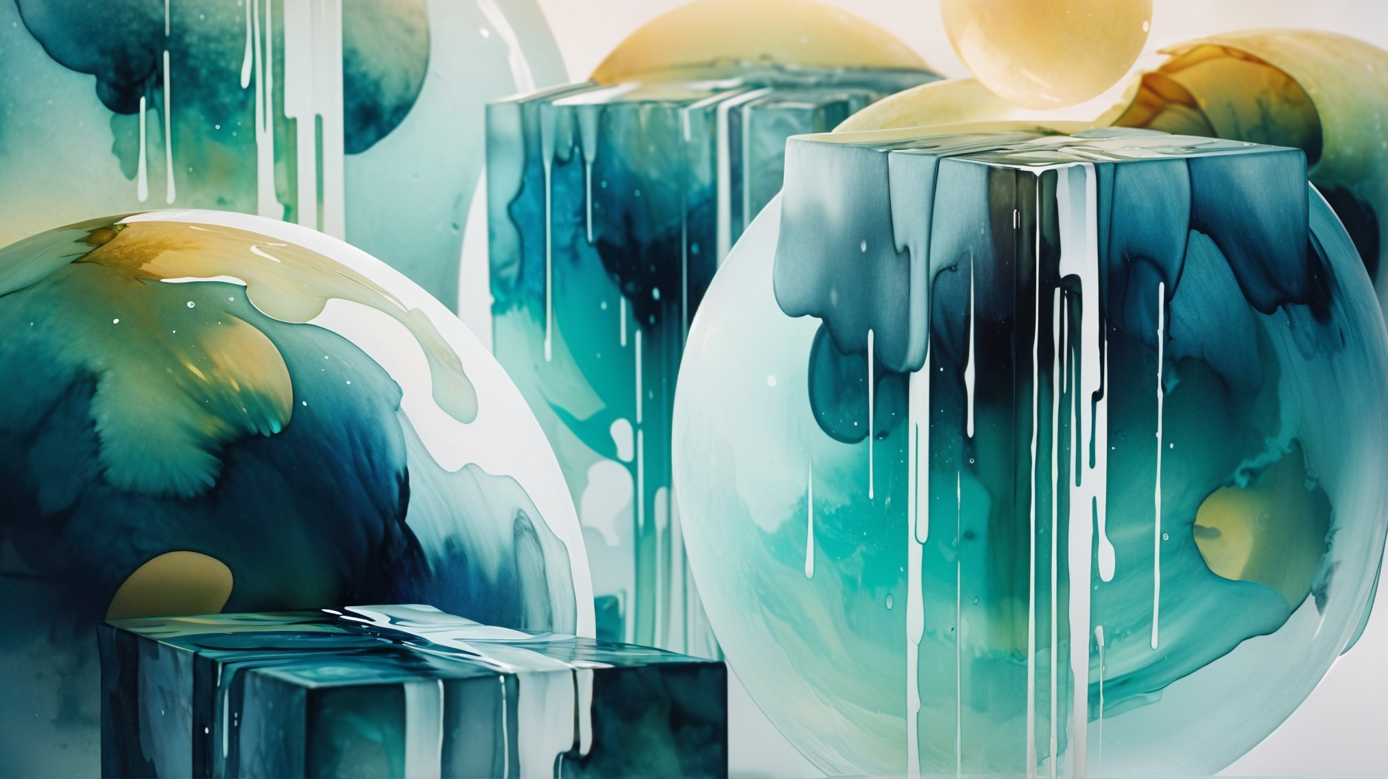 Glossy Blue and Green Spherical and Cubic Shapes