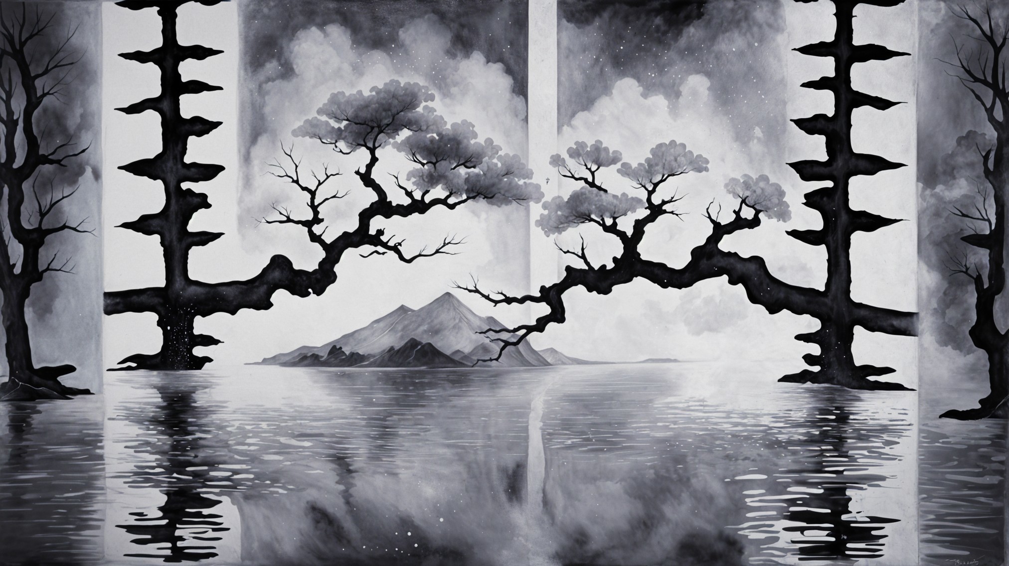 Serene Black and White Landscape with Reflections