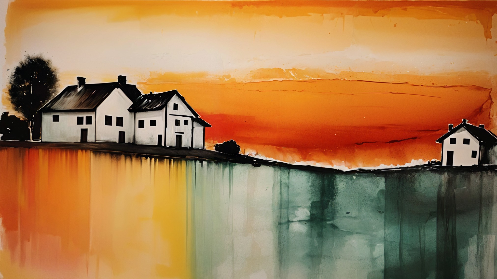 Serene Landscape with Houses and Vibrant Sunset