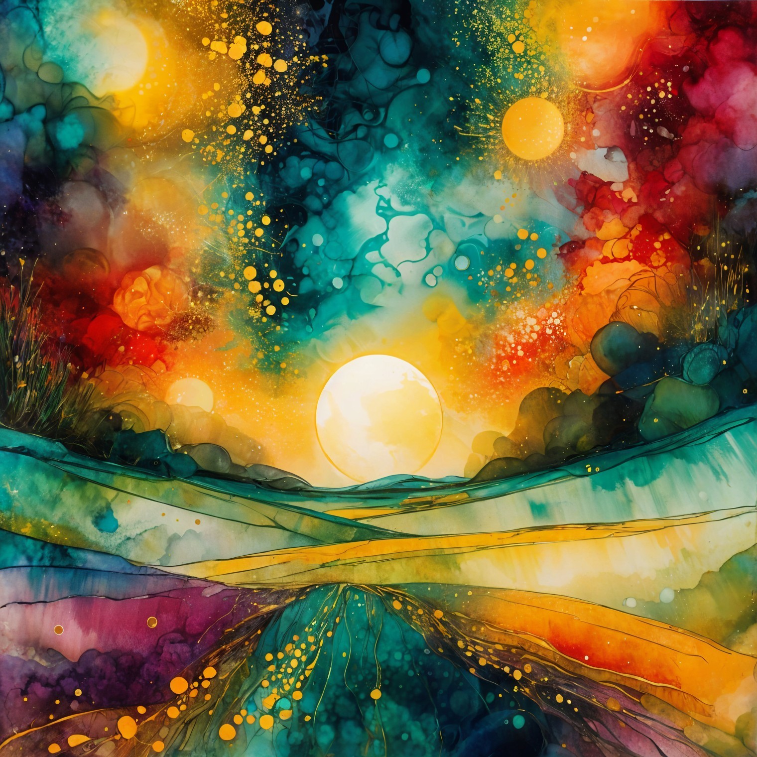 Vibrant Abstract Landscape with Celestial Hues