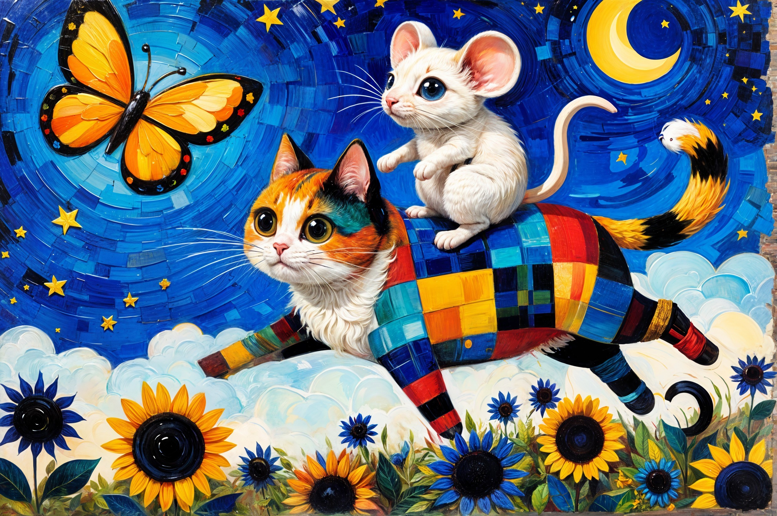 Colorful Cat and Mouse in Dreamy Landscape Scene