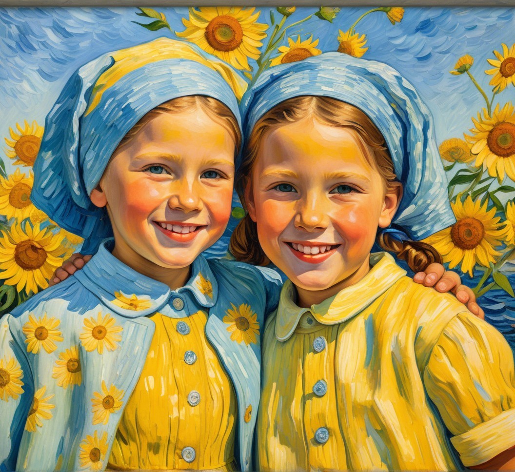 Cheerful Girls in Yellow Dresses Amid Sunflowers
