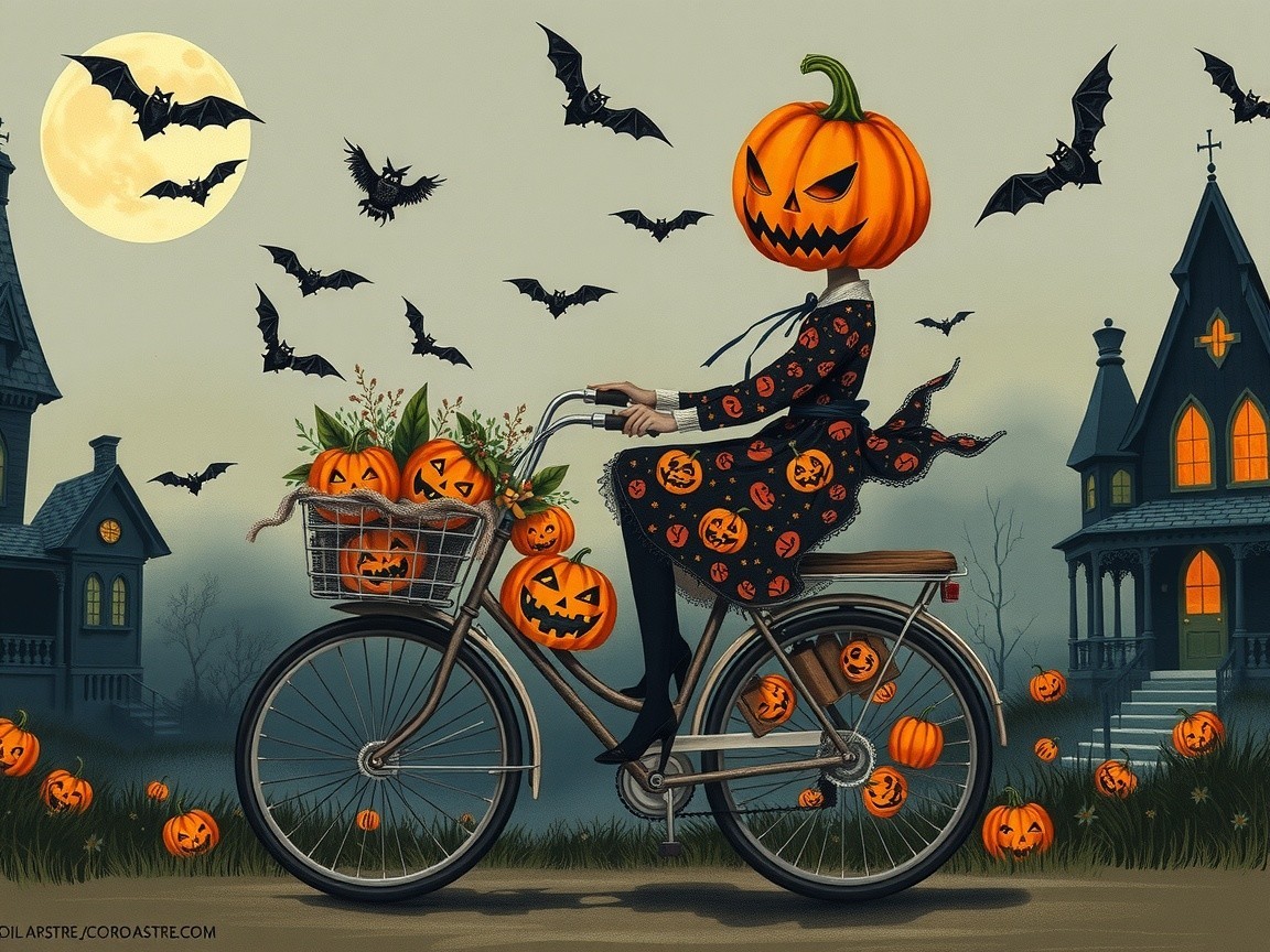 Whimsical Halloween Scene with Pumpkin Head Figure