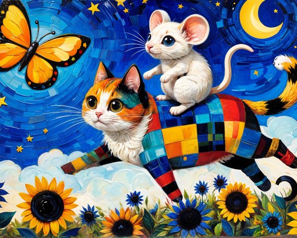 Colorful Cat and Mouse in Dreamy Landscape Scene