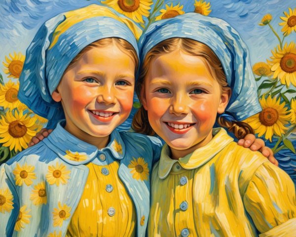 Cheerful Girls in Yellow Dresses Amid Sunflowers
