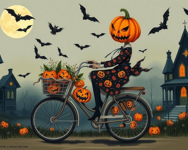 Whimsical Halloween Scene with Pumpkin Head Figure