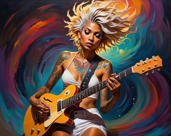 Portrait of a Musician with Vibrant Hair and Tattoos