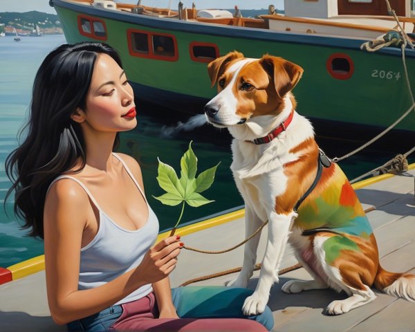 Woman and dog on dock by calm waters with boat