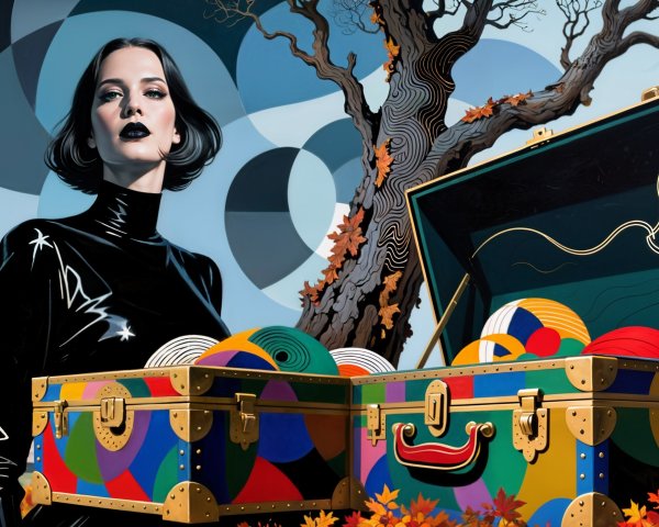 Fashionable woman with treasure chests in surreal landscape