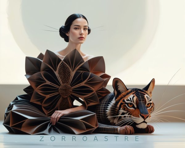 Elegant woman in floral dress with artistic tiger