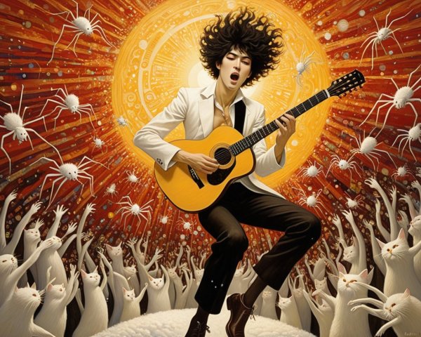 Young Musician Playing Guitar Surrounded by Cats and Spiders