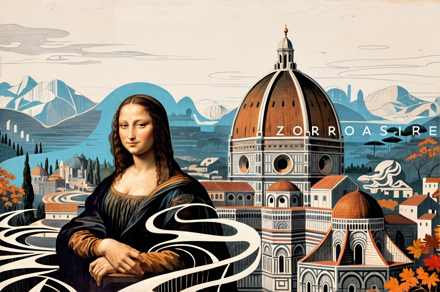 Mona Lisa with Florence Cathedral in Bold Colors