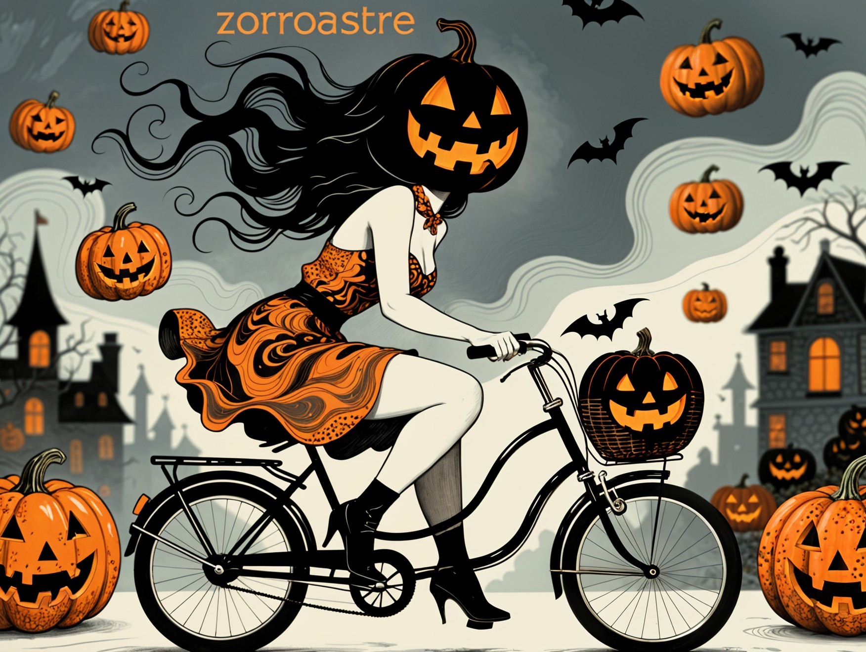 Whimsical Halloween Illustration of a Bicycle with Pumpkins