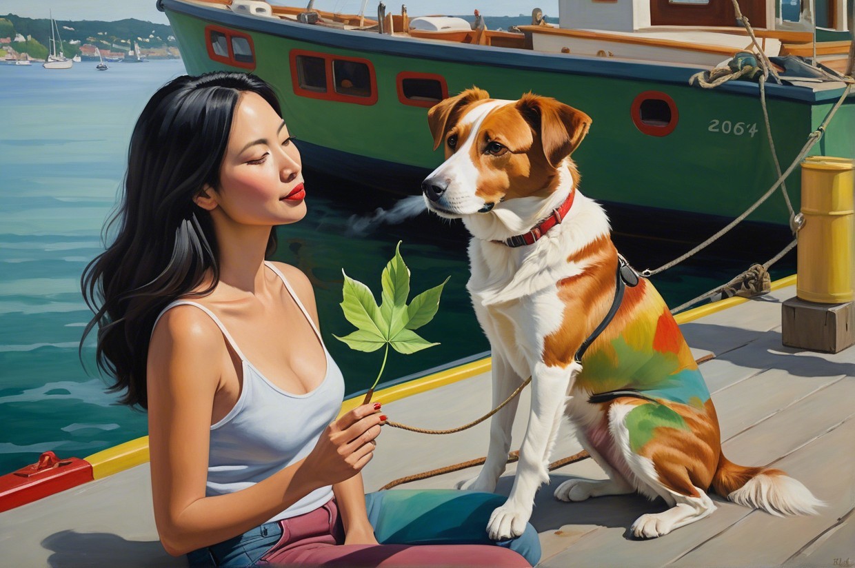 Woman and dog on dock by calm waters with boat
