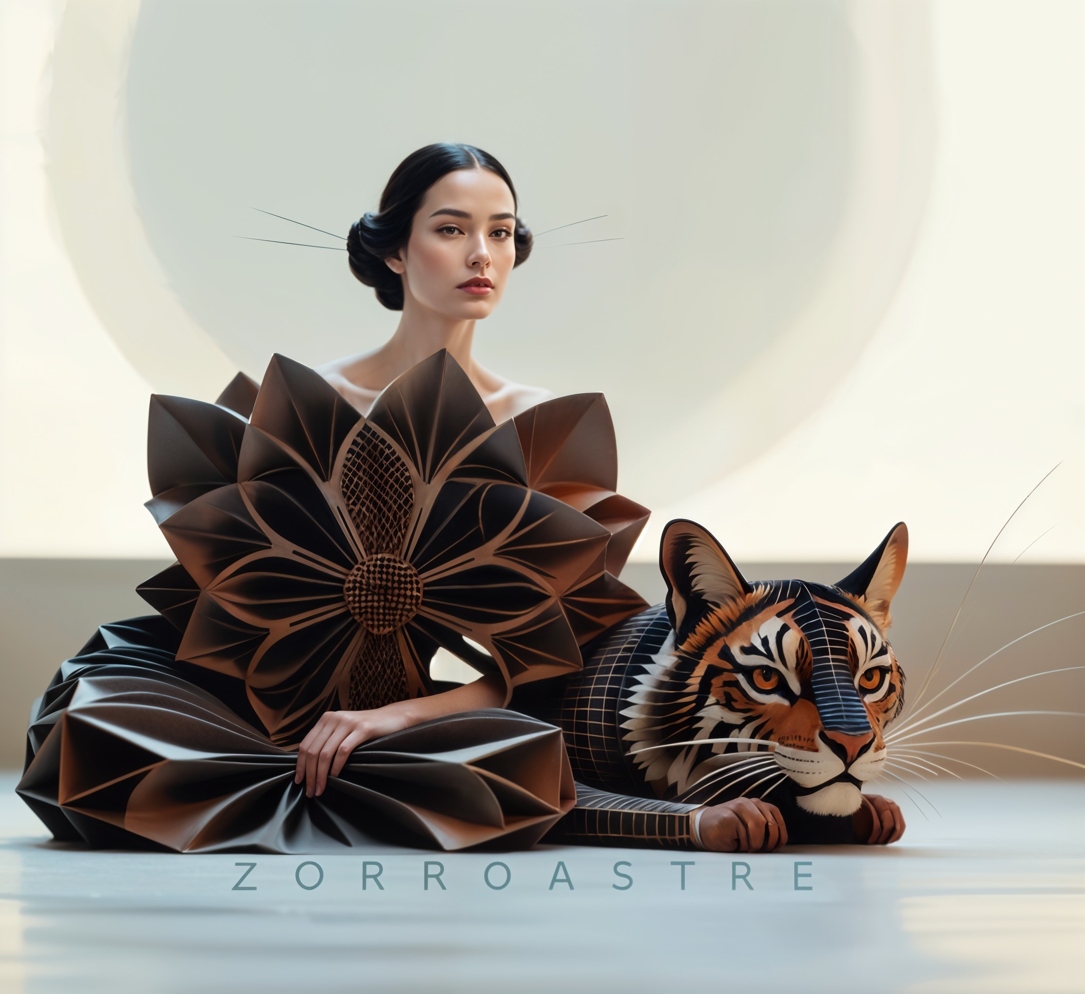 Elegant woman in floral dress with artistic tiger