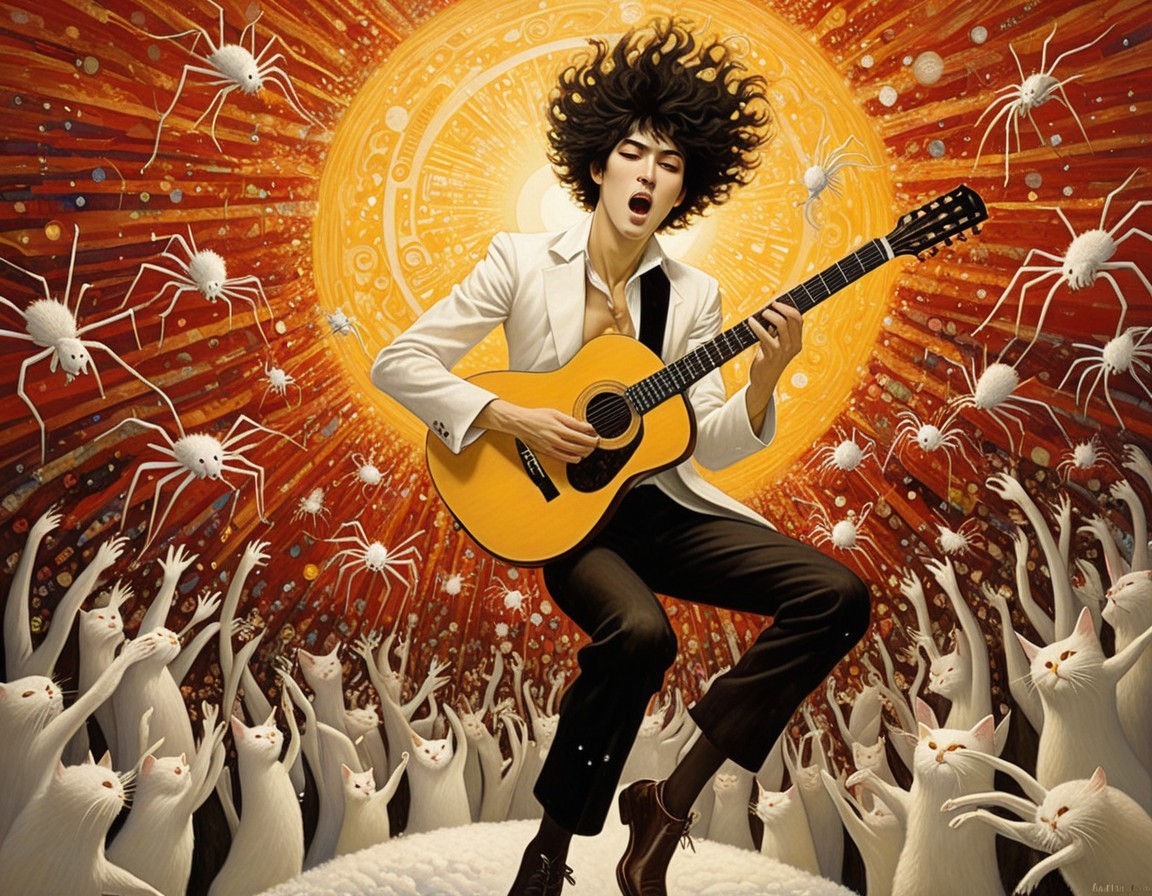 Young Musician Playing Guitar Surrounded by Cats and Spiders