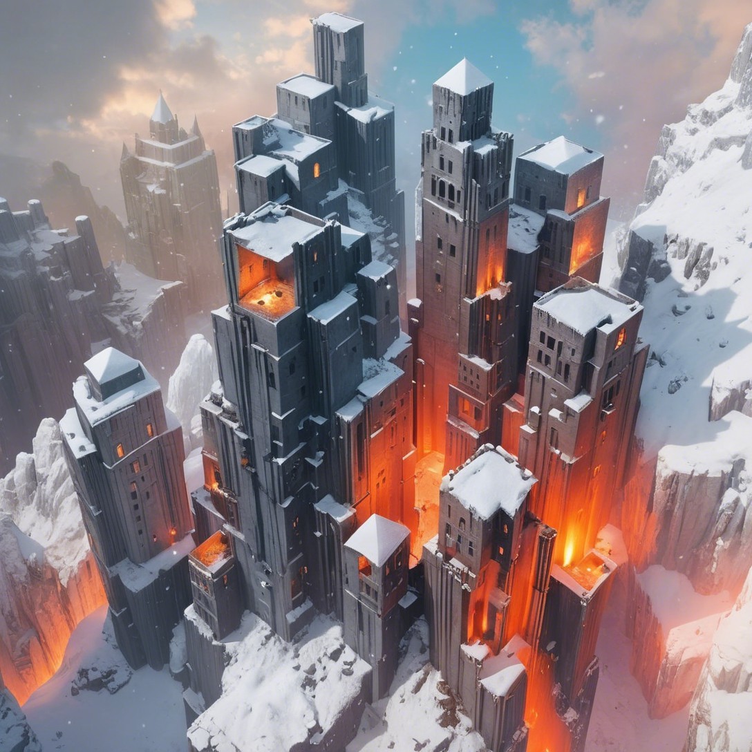 Futuristic cityscape among snow-covered mountains