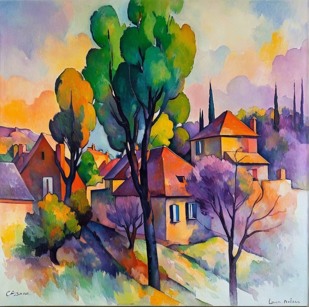 Vibrant Landscape with Charming Houses and Lush Trees