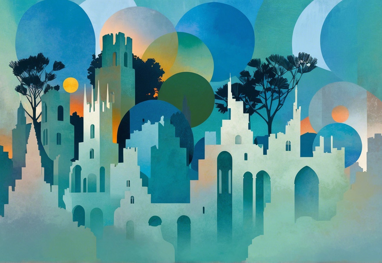 Mystical Landscape with Abstract Ruins and Dreamlike Colors