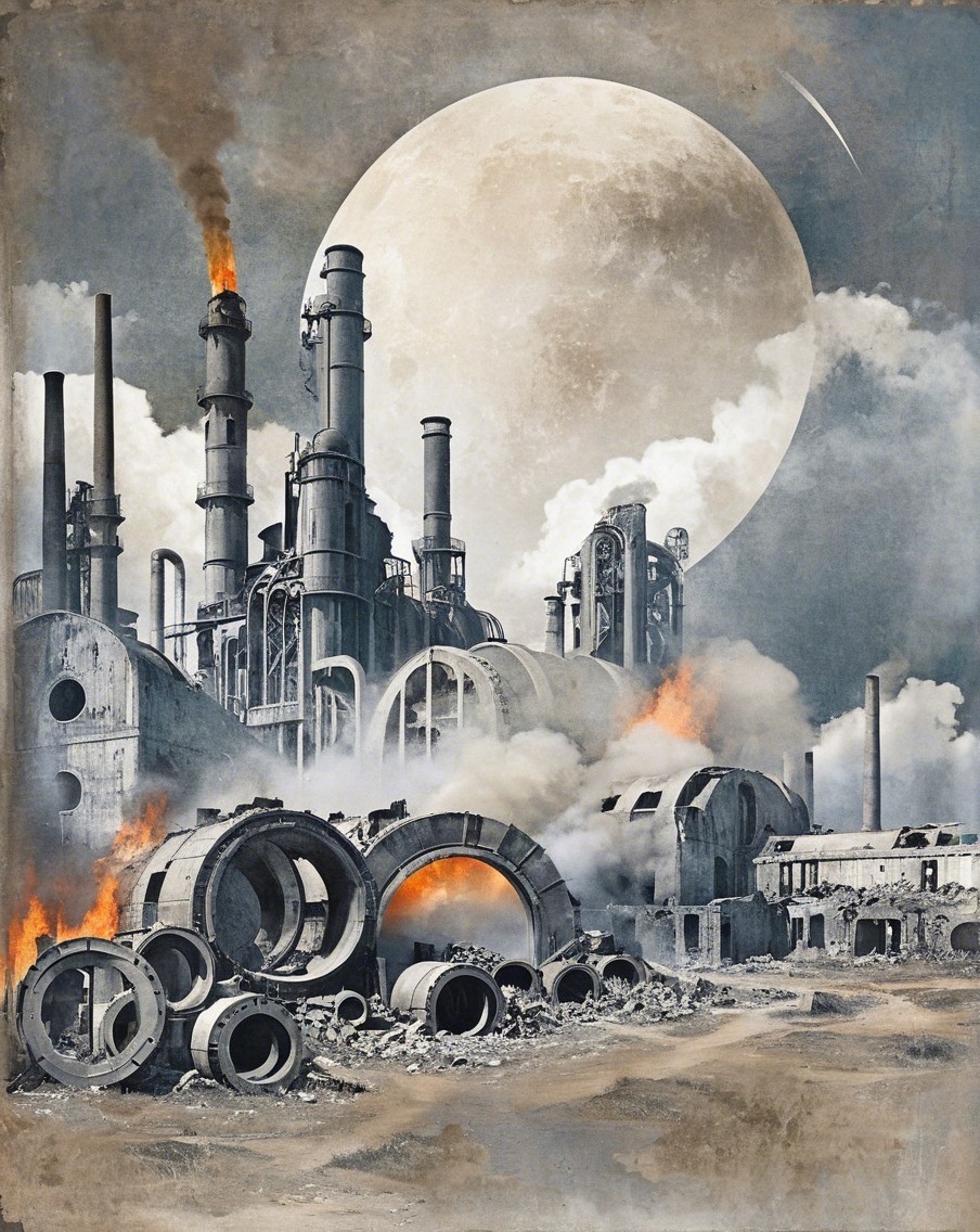 Dystopian Industrial Landscape with Smokestacks and Flames