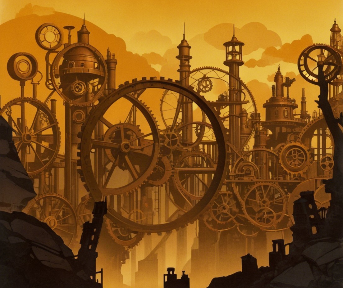Steampunk Cityscape with Gears and Ruins
