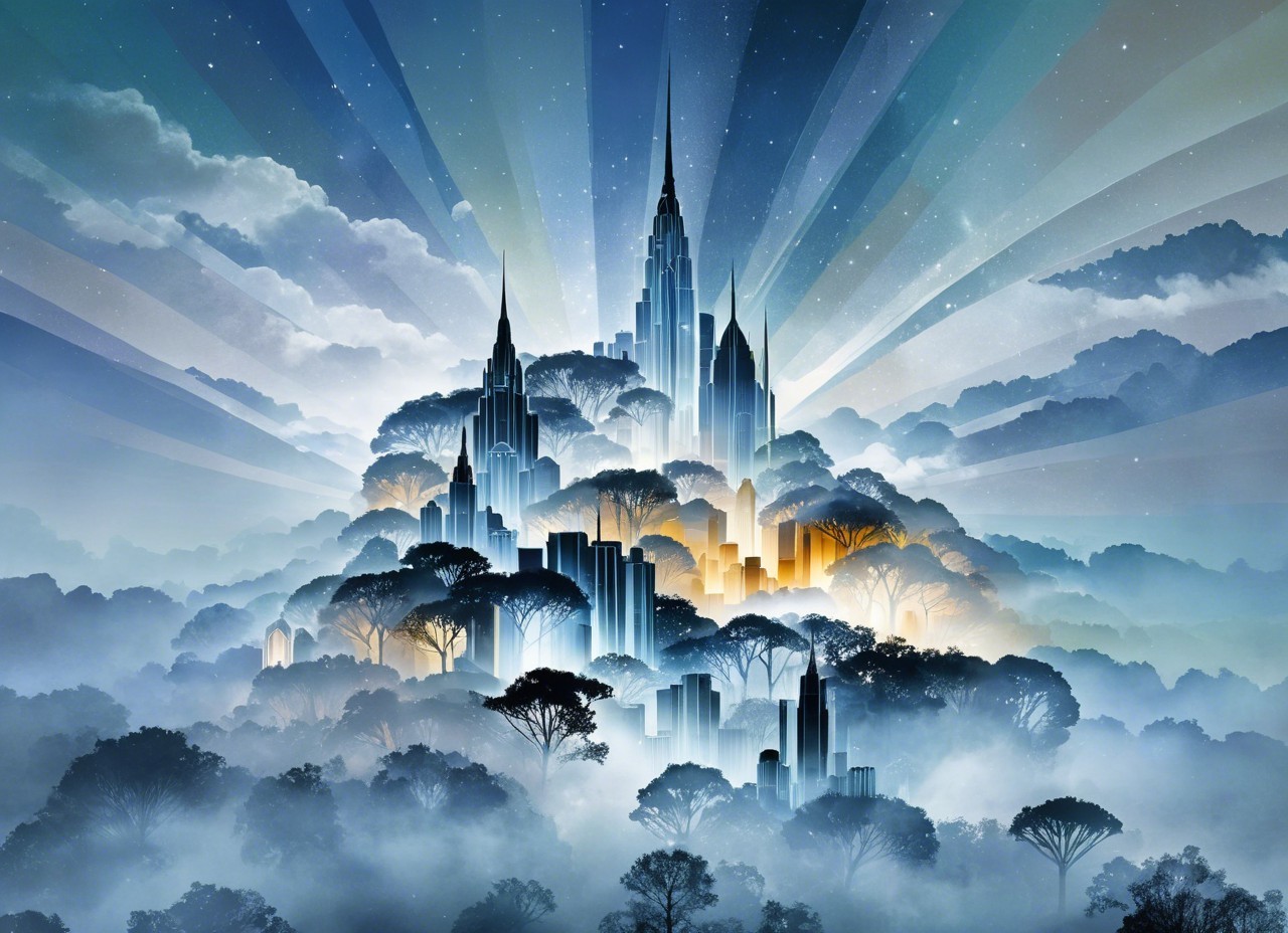 Mythical City Above Misty Forest Landscape