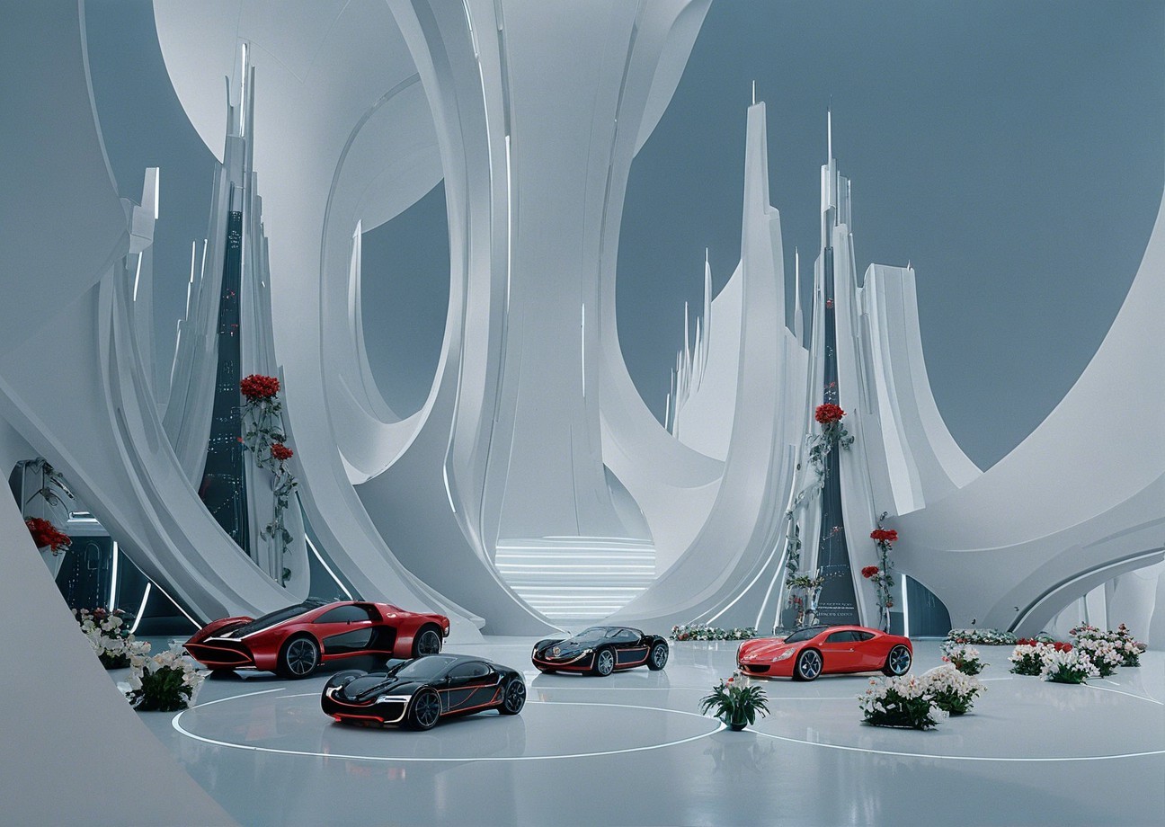 Futuristic Showroom with Sleek Cars and Modern Design
