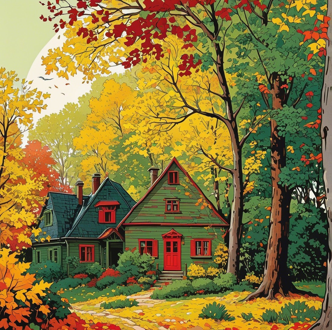 Green House in Vibrant Autumn Landscape with Colorful Foliage