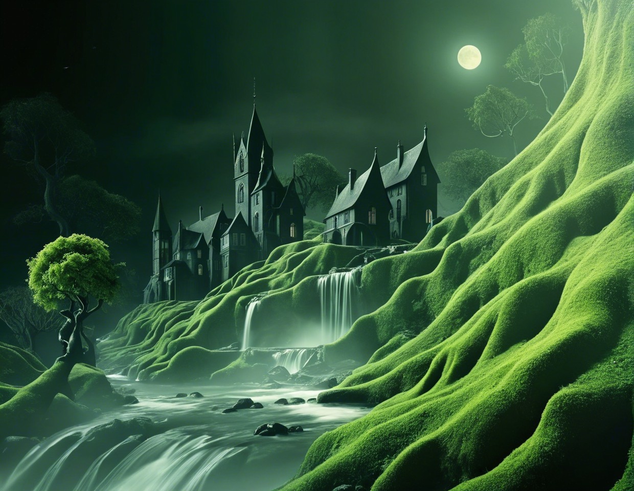 Ethereal Castle Landscape with Waterfalls and Moonlight