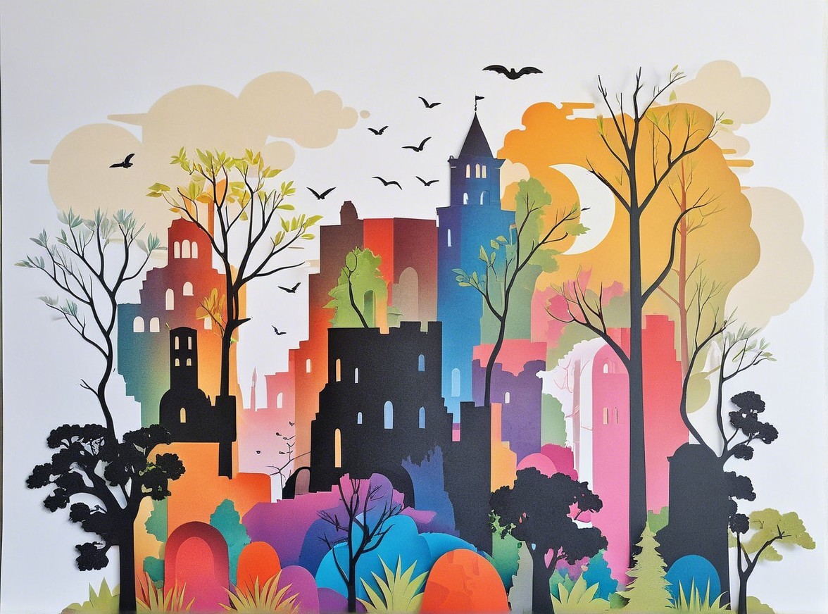 Whimsical Castle Ruin in Colorful Landscape Artwork