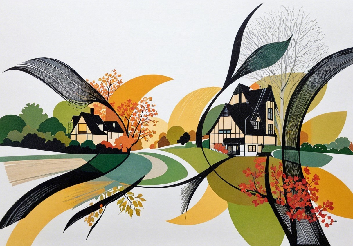 Stylized Autumn Landscape with Charming Houses