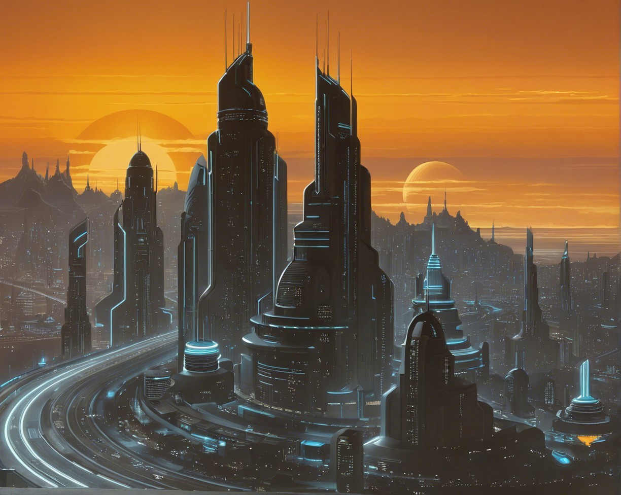Futuristic cityscape at sunset with celestial bodies