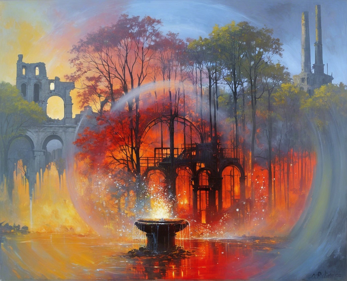 Vibrant Landscape with Fountain and Autumn Colors