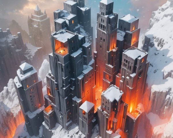 Futuristic cityscape among snow-covered mountains
