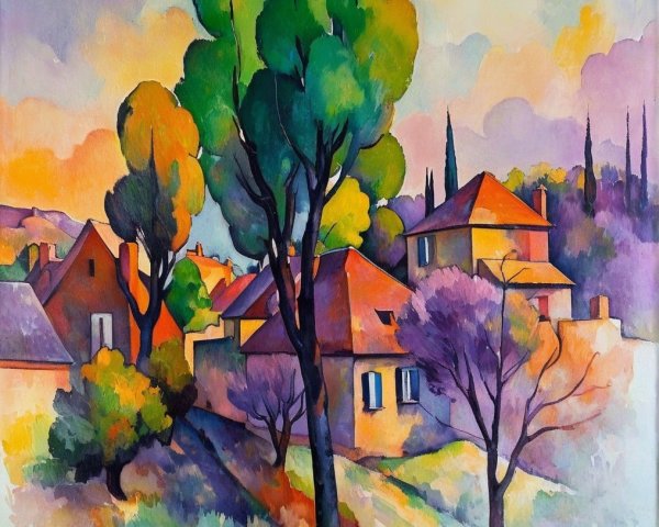 Vibrant Landscape with Charming Houses and Lush Trees