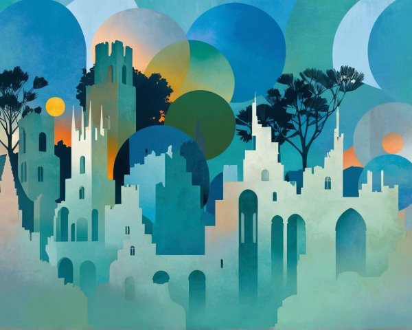 Mystical Landscape with Abstract Ruins and Dreamlike Colors