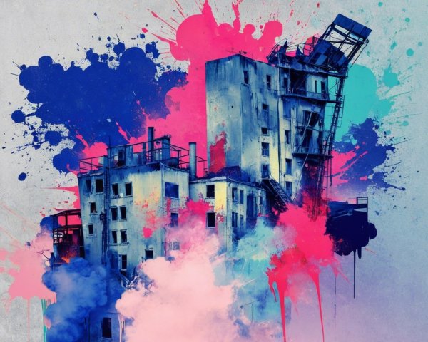 Urban Scene of Partially Destroyed Building with Graffiti