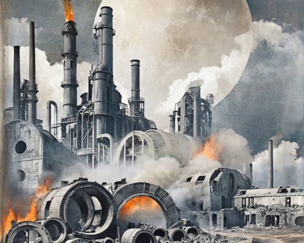 Dystopian Industrial Landscape with Smokestacks and Flames
