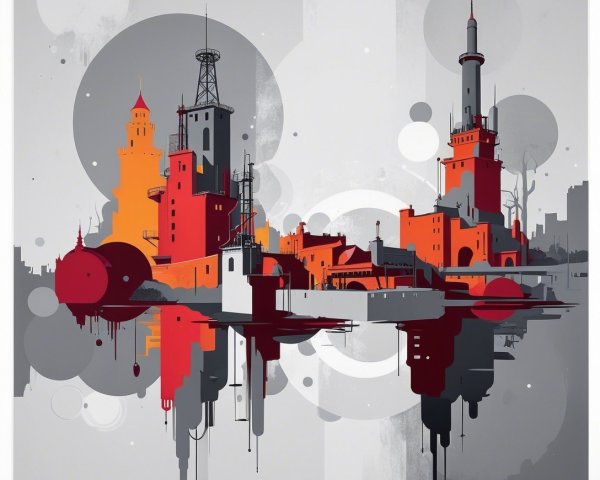 Stylized cityscape with geometric shapes and colors