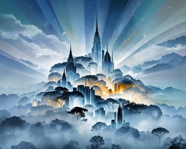 Mythical City Above Misty Forest Landscape