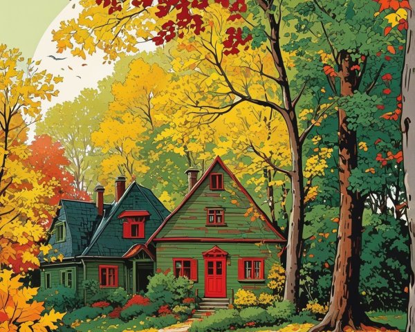 Green House in Vibrant Autumn Landscape with Colorful Foliage