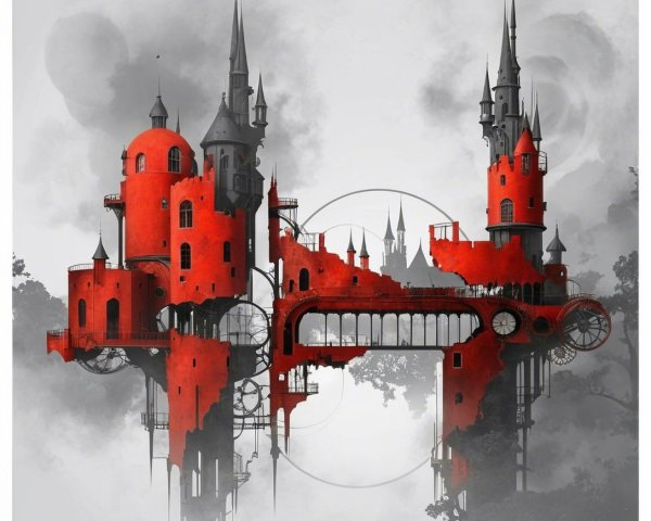 Surreal Black and White Illustration of Floating Castle