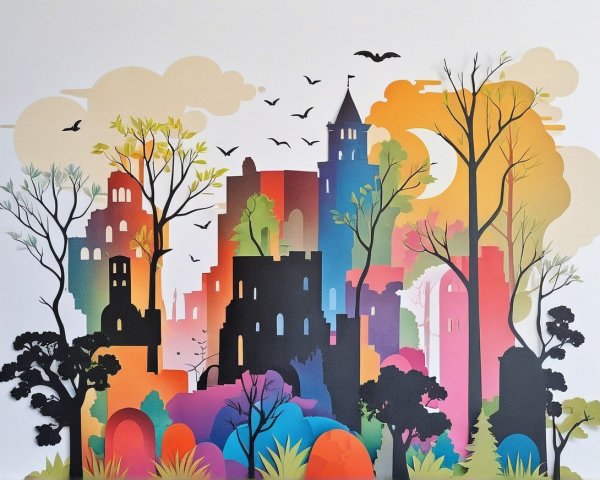 Whimsical Castle Ruin in Colorful Landscape Artwork