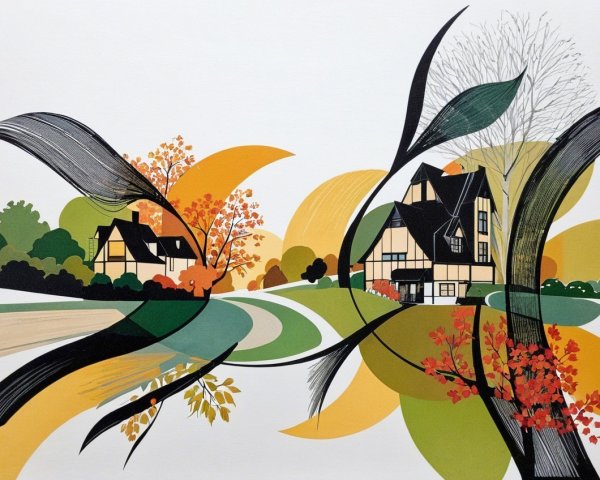 Stylized Autumn Landscape with Charming Houses