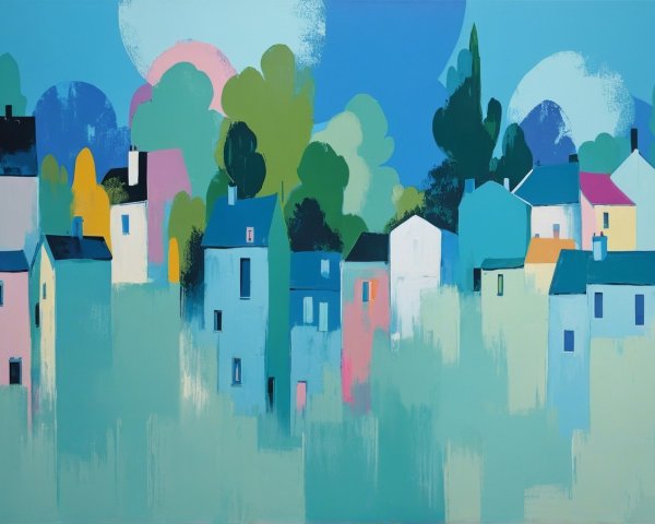 Vibrant Abstract Village with Colorful Houses and Trees