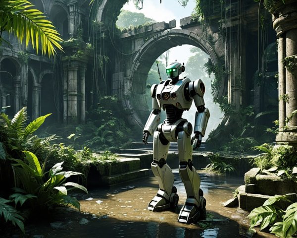 Robot in Ancient Ruins Surrounded by Lush Foliage