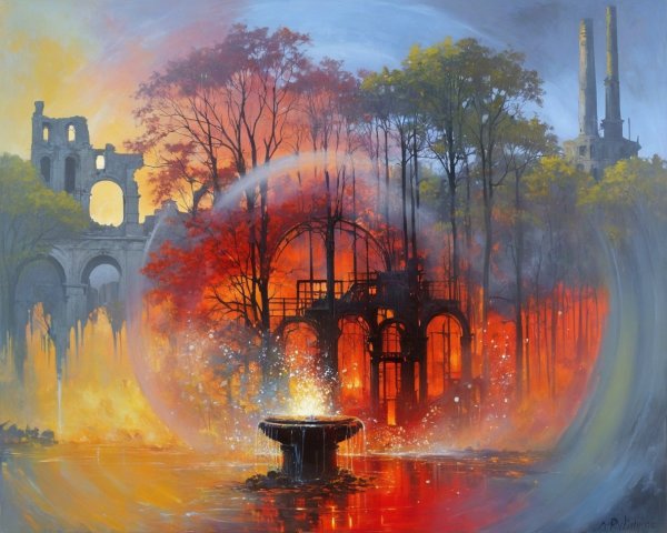 Vibrant Landscape with Fountain and Autumn Colors